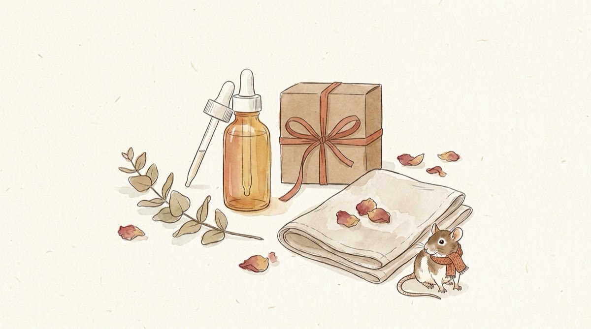 Illustration de cadeaux beauté emballés, d’un flacon de sérum et de pétales, avec un petit rat à l’écharpe