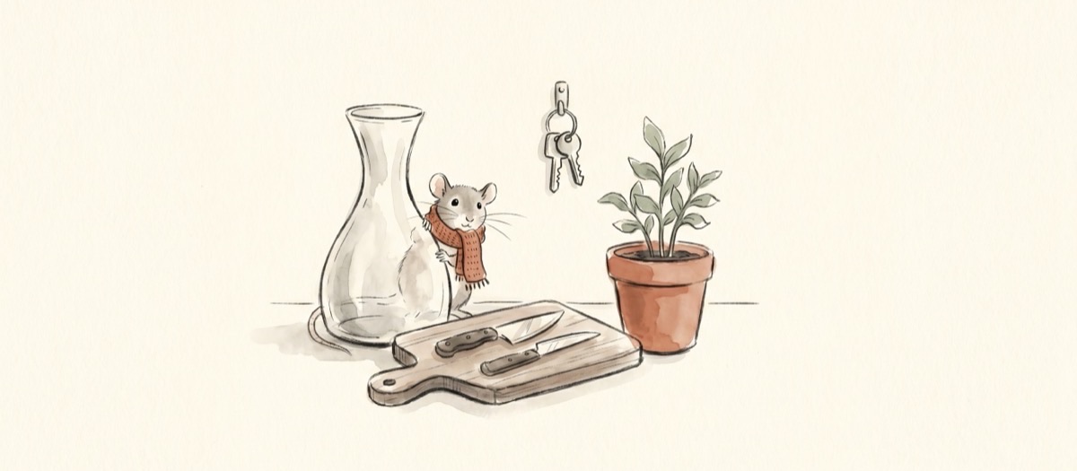 Illustration d’un coin de table de nouvelle maison : une carafe, une planche en bois, un trousseau de clés et une petite plante, avec un rat à l’écharpe