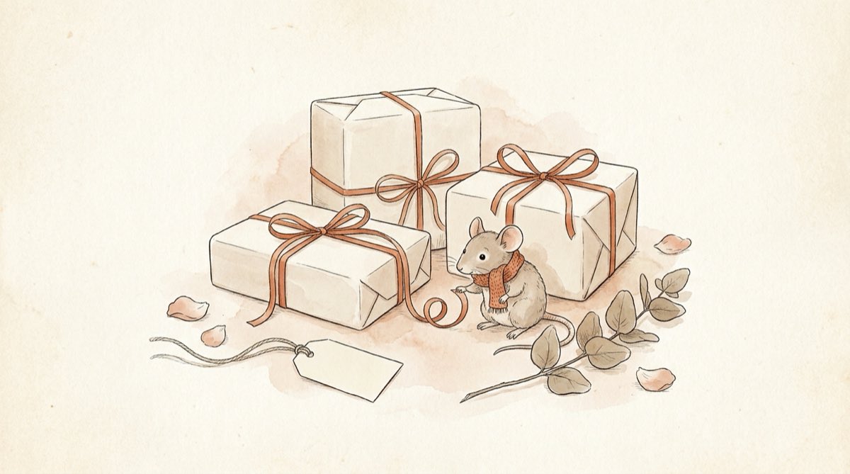 Illustration de plusieurs cadeaux emballés et d’un petit rat à l’écharpe, entourés de pétales et d’eucalyptus