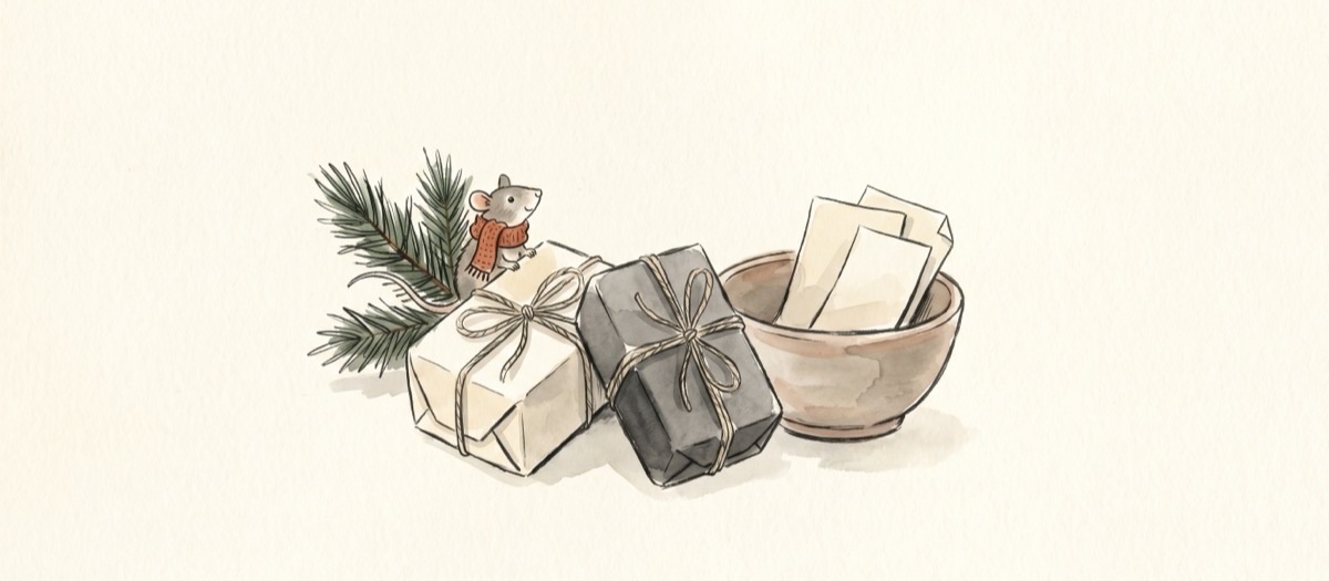 A few small wrapped gifts beside a bowl of folded name slips on a paper-textured desk, with a little scarf-wearing rat looking on